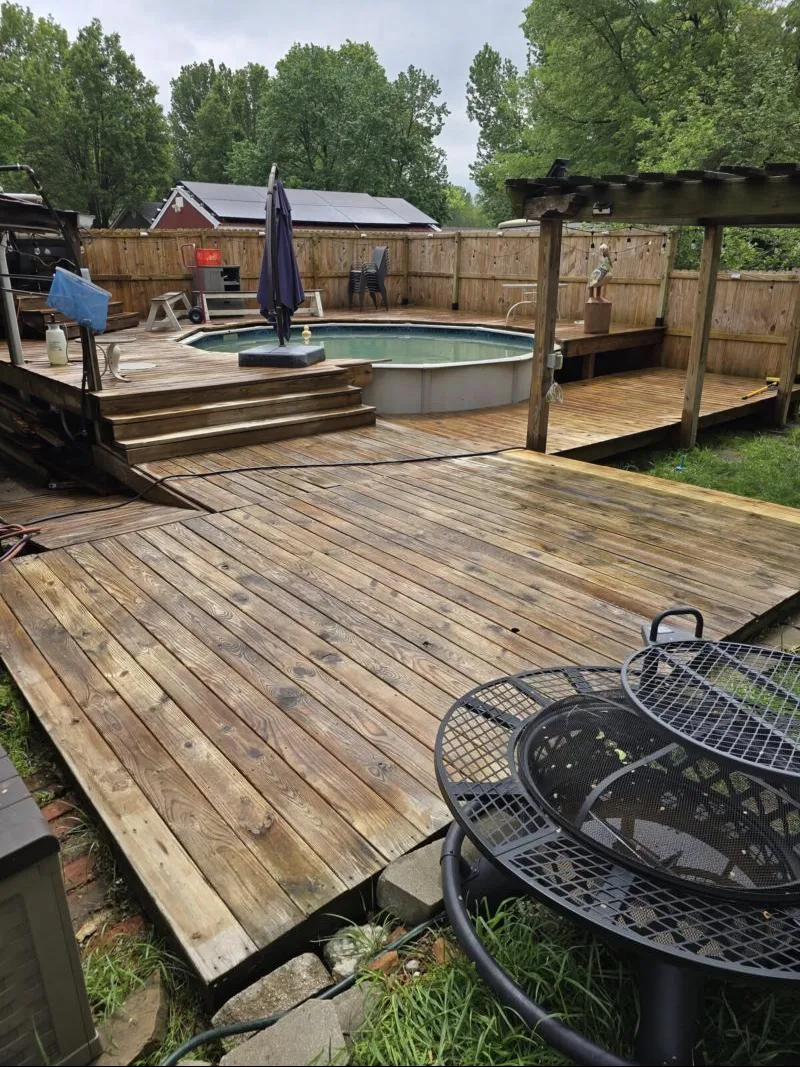 Freshly washed wooden pool deck