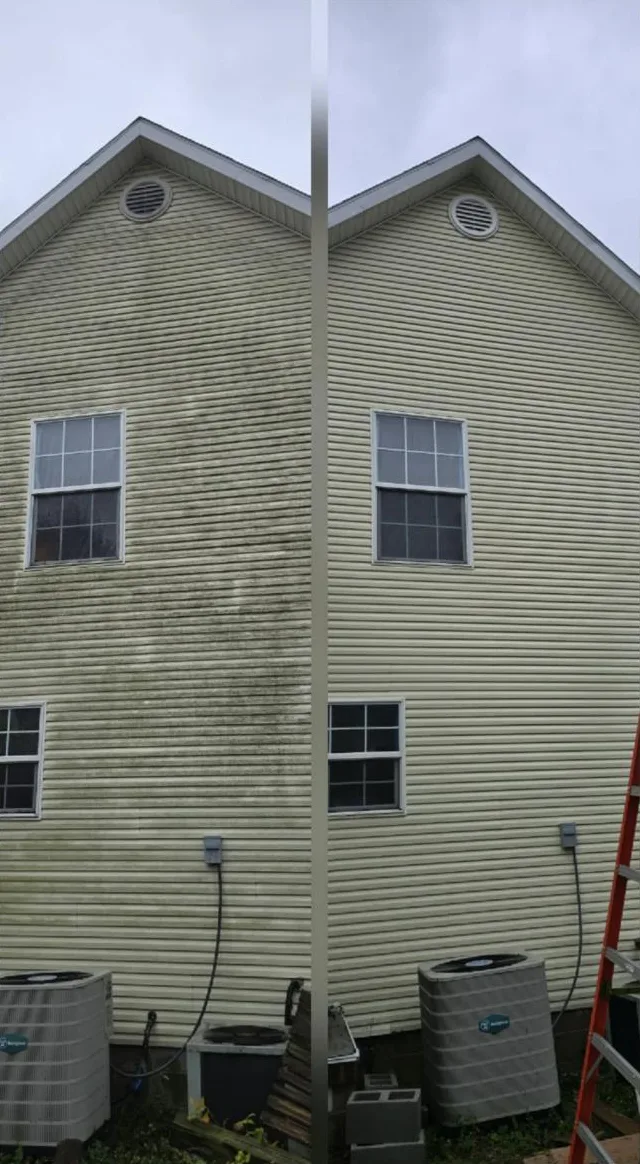 Vinyl siding before and after a soft wash, side by side