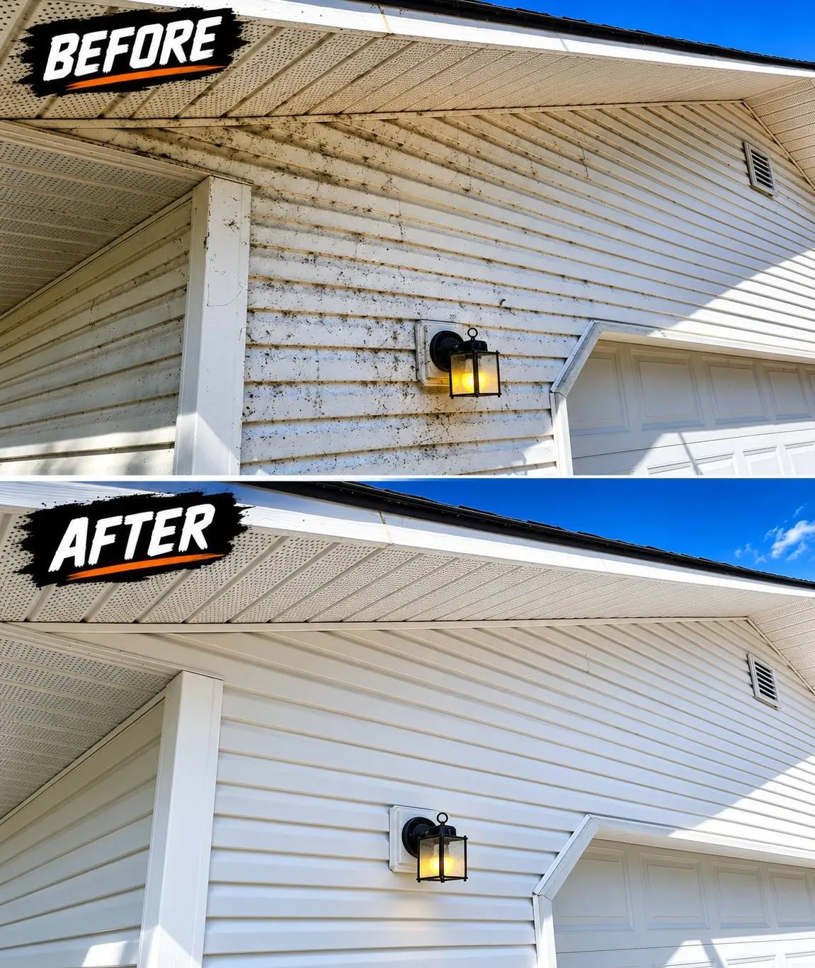 Mildew-spotted siding and soffit before and after cleaning